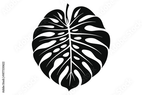 Elegant Monstera Deliciosa Leaf Silhouette, Stylish Black and White Botanical Illustration Graphic Design