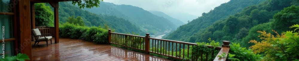 Fototapeta premium Wooden terrace overlooks vibrant rain-drenched hillside, photo, sky