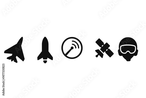 Vector icons of military aircraft, missile, radar system, satellite, and pilot headgear for defense technology applications