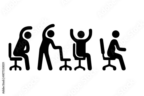Illustration showing different seated posture transitions and exercises for improved workspace ergonomics