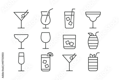 Collection of vector cocktail icons illustrating various mixed drinks in a simple and modern design