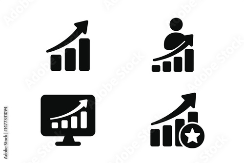 Vector icon set depicting growth trends, financial progress, and user engagement in business analytics