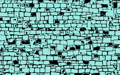 drawing of blue stone wall. Vector of Many shapes of stones Stacked into a wall.