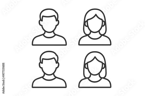 Vector icon collection featuring four diverse, faceless character illustrations representing varied genders and hairstyles