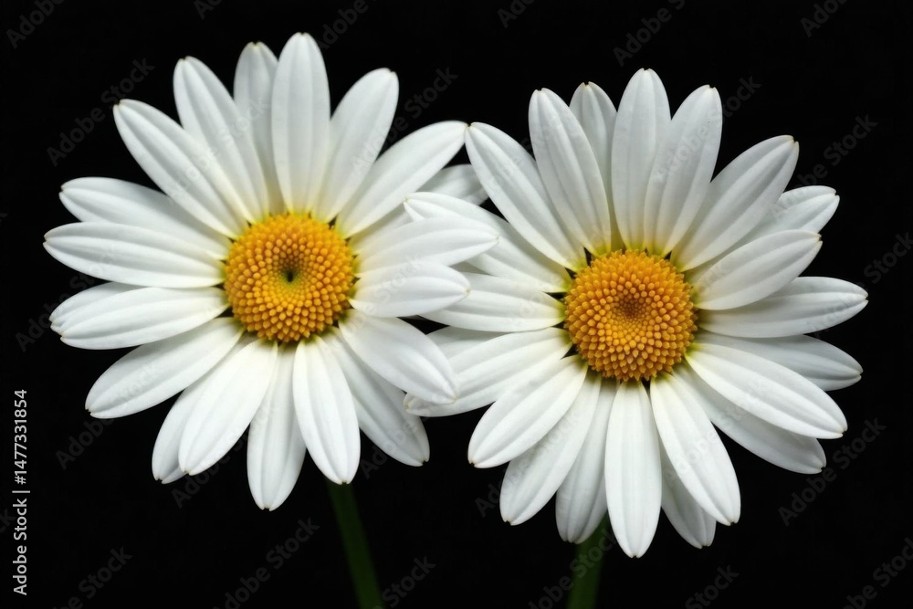 Obraz premium Two pristine white daisies, delicate petals, black backdrop , wallpaper, macro photography, innocence