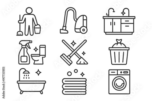 Home cleaning activities represented in vector icons showcasing various cleaning tools and tasks for household maintenance