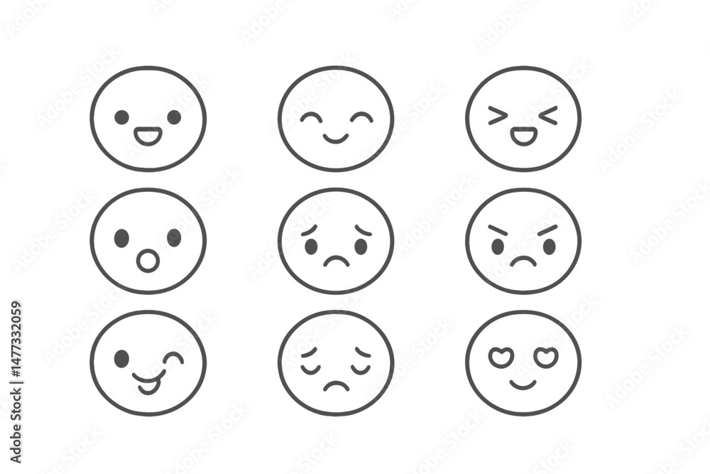 Variety of emoticon faces depicting different emotions and expressions in a simple vector design Variety of emoticon faces depicting different emotions and expressions in a simple vector design