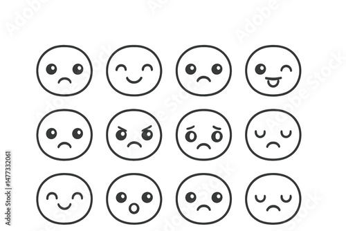 Collection of vector emoticons expressing various emotions and feelings in a simple design