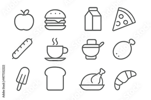 Food and drink vector icons showcasing popular culinary items and dishes in a minimalist design for various applications