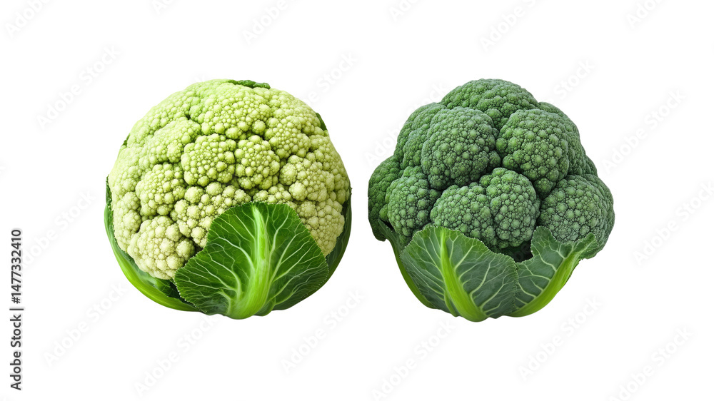 Fototapeta premium Romanesco Broccoli and Cauliflower Comparison Fresh, Vibrant Vegetables