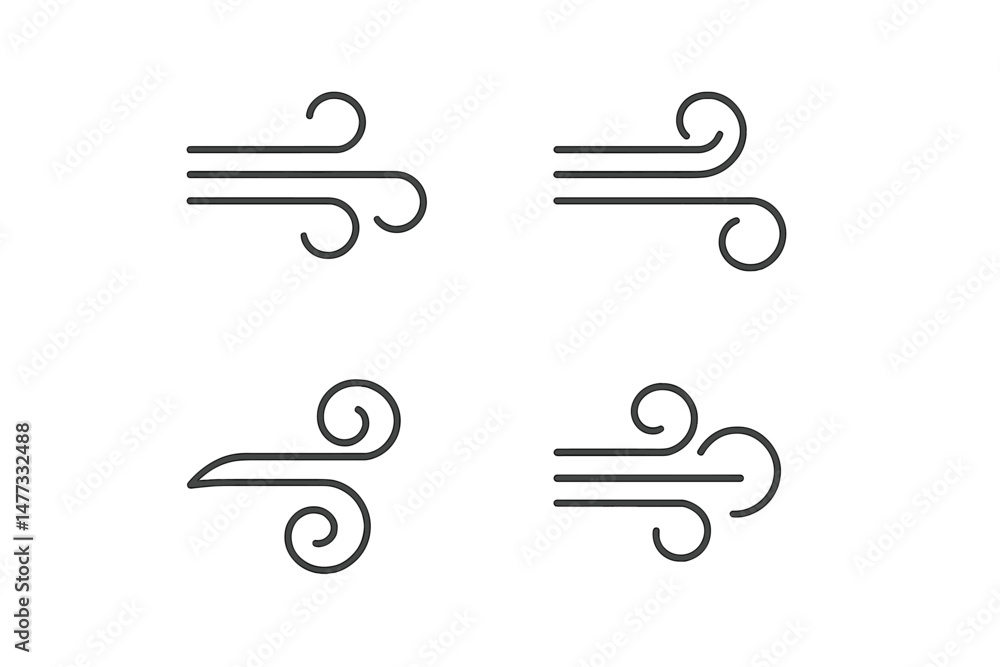 Wind vector icons featuring flowing lines and swirls to represent air movement and breeze effects Wind vector icons featuring flowing lines and swirls to represent air movement and breeze effects