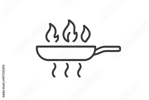 Cooking in progress with a sizzling pan and rising flames indicating heat