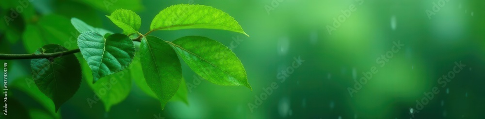 Obraz premium Rain-soaked green leaves, vibrant branch, monsoon downpour, close-up, flora
