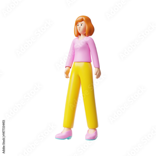 Beautiful young woman goes, walks 3D plastic style, cartoon smiling lady, vector female character portrait full length