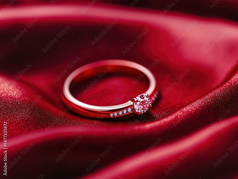 An elegant ring with a sparkling gemstone resting on luxurious red satin fabric. An elegant ring with a sparkling gemstone resting on luxurious red satin fabric.
