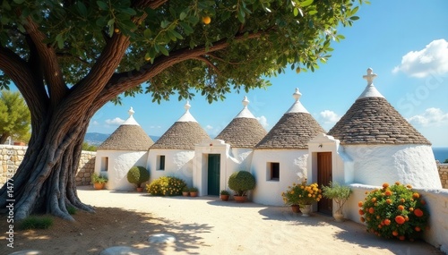 Apulian trulli cluster shaded by ancient olive tree, Puglia, architecture, landscape