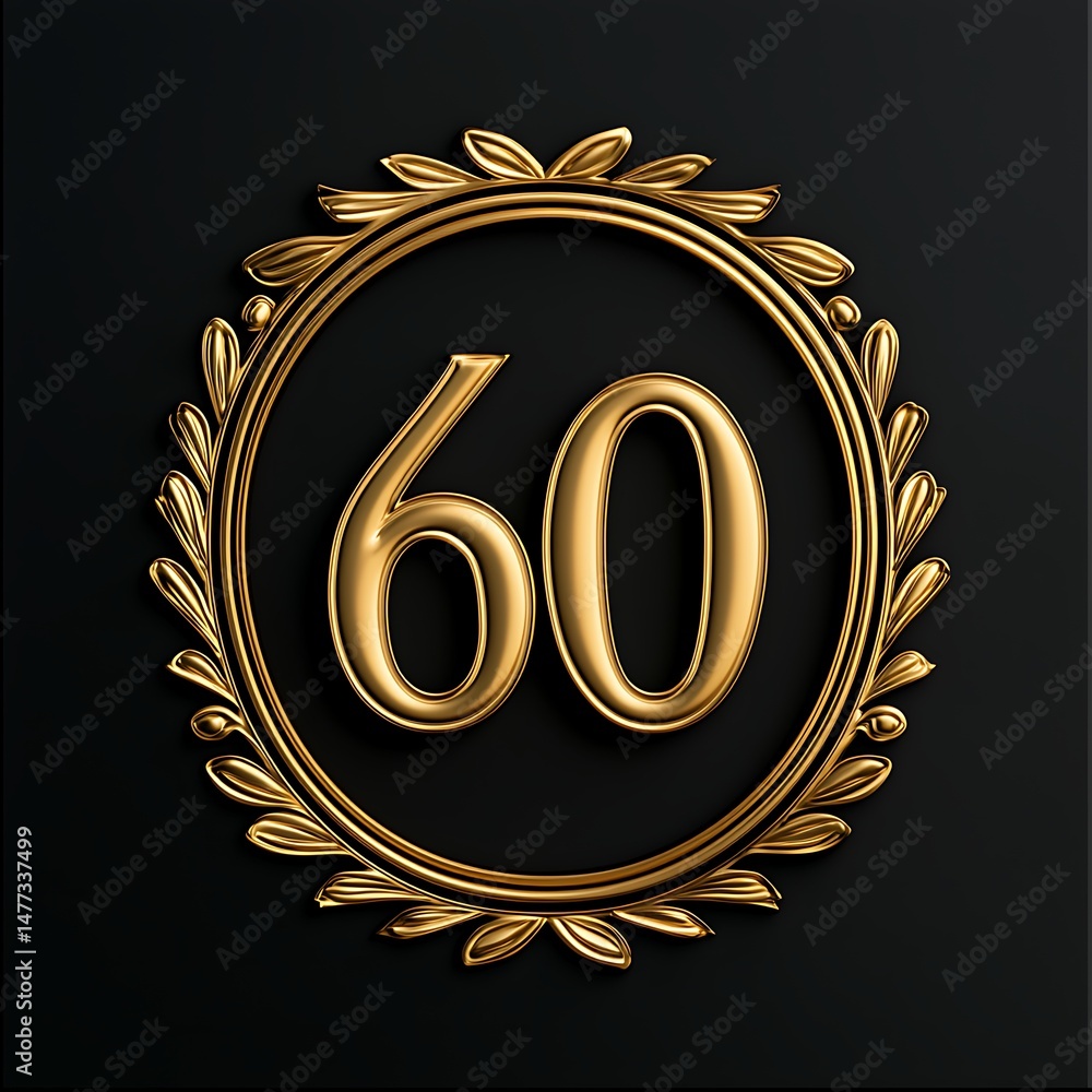 Naklejka premium Elegant gold number 60 inside a decorative laurel wreath on a black background, symbolizing a milestone or anniversary celebration.