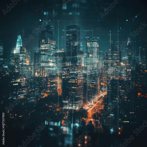 Wallpaper Mural Futuristic cityscape at night, glowing skyscrapers, digital overlay, aerial view, urban development, modern architecture, business district Torontodigital.ca