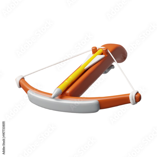 3D crossbow cartoon plastic style vector icon, volume archery equipment, old hunter weapon, ancient warrior game asset