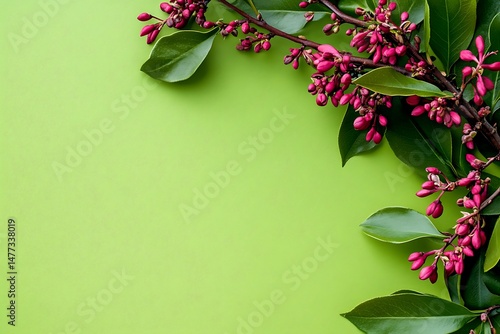 Green background with pink flower arrangement