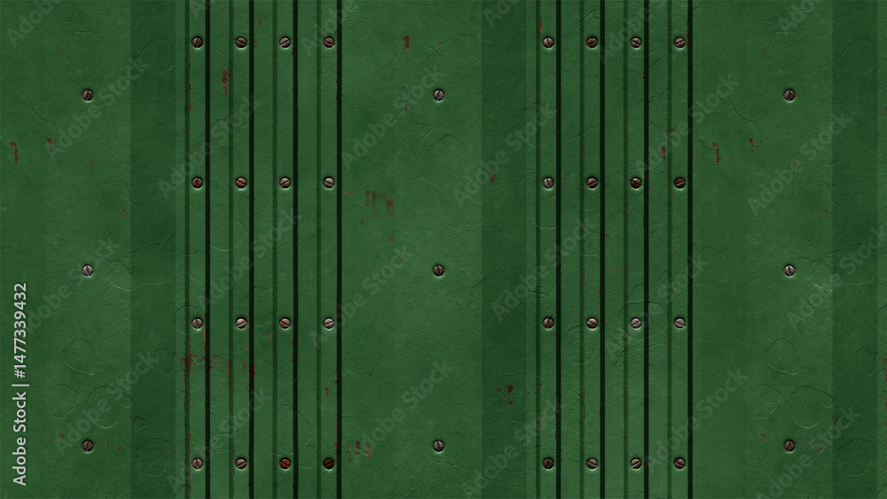 Close up of a green metal door with screws and vertical lines detail Close up of a green metal door with screws and vertical lines detail