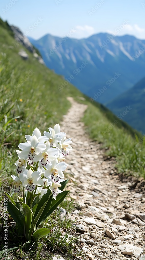 Obraz premium Mountain Trailside Blooms Delicate White Orchids by a Scenic Path