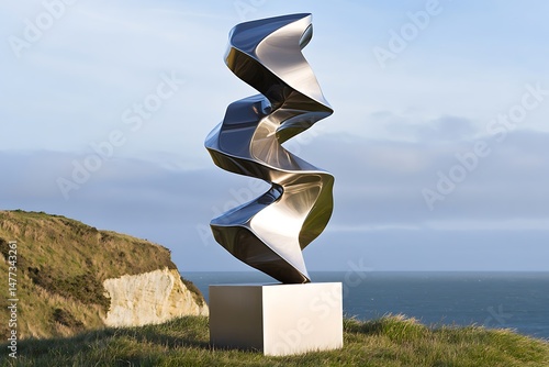 Modern Abstract Stainless Steel Sculpture on Coastal Clifftop Ocean View Background