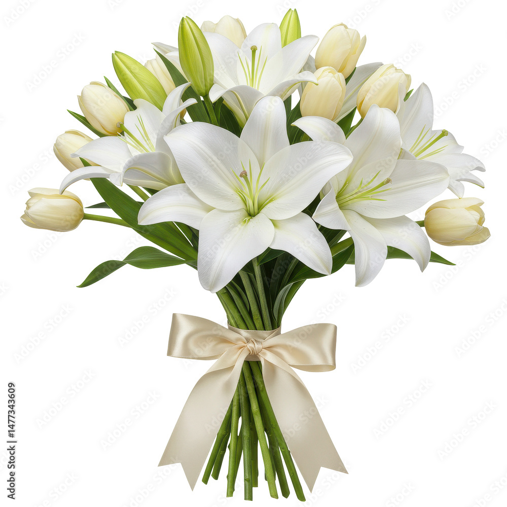 Obraz premium Bouquet of white lilies & tulips with cream ribbon tied around stems against dark background