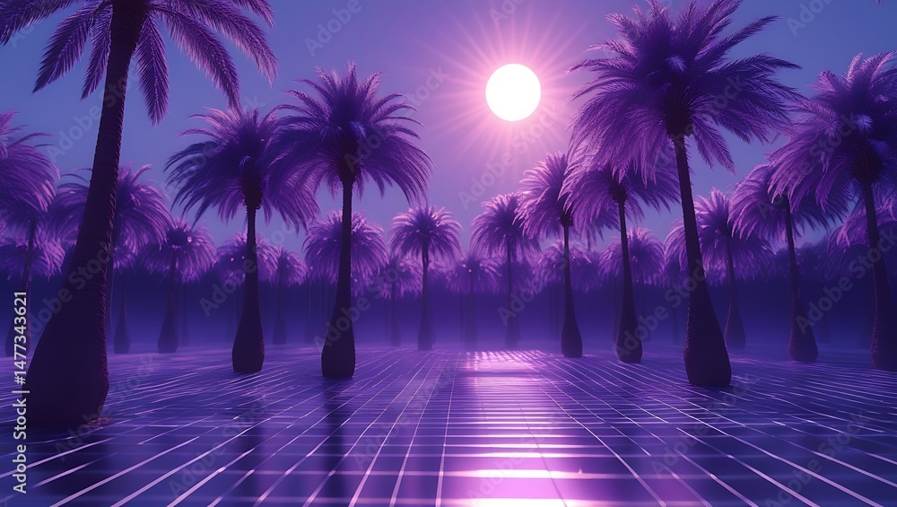 Fototapeta premium Purple Palm Trees at Sunset Retro Synthwave Paradise