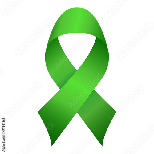 Green awareness ribbon symbol representing mental health, kidney disease, organ donation, and environmental causes, vector illustration with transparent background