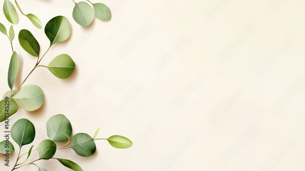 Obraz premium Delicate green leaves on a light beige background, creating a fresh, natural, and minimalist botanical aesthetic.