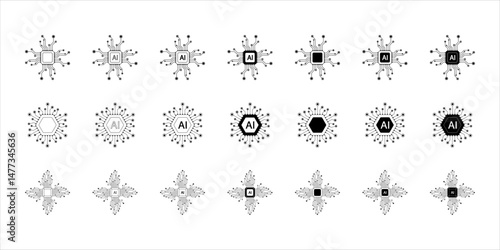Artificial intelligence AI processor chip icon. AI processor circuit vector set. AI CPU icon collection.