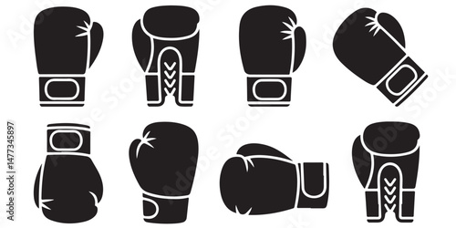 Boxing Gloves Icon Set, Outline Boxing Gloves in Different, Black Silhouettes of Boxing Gloves in Different Angles