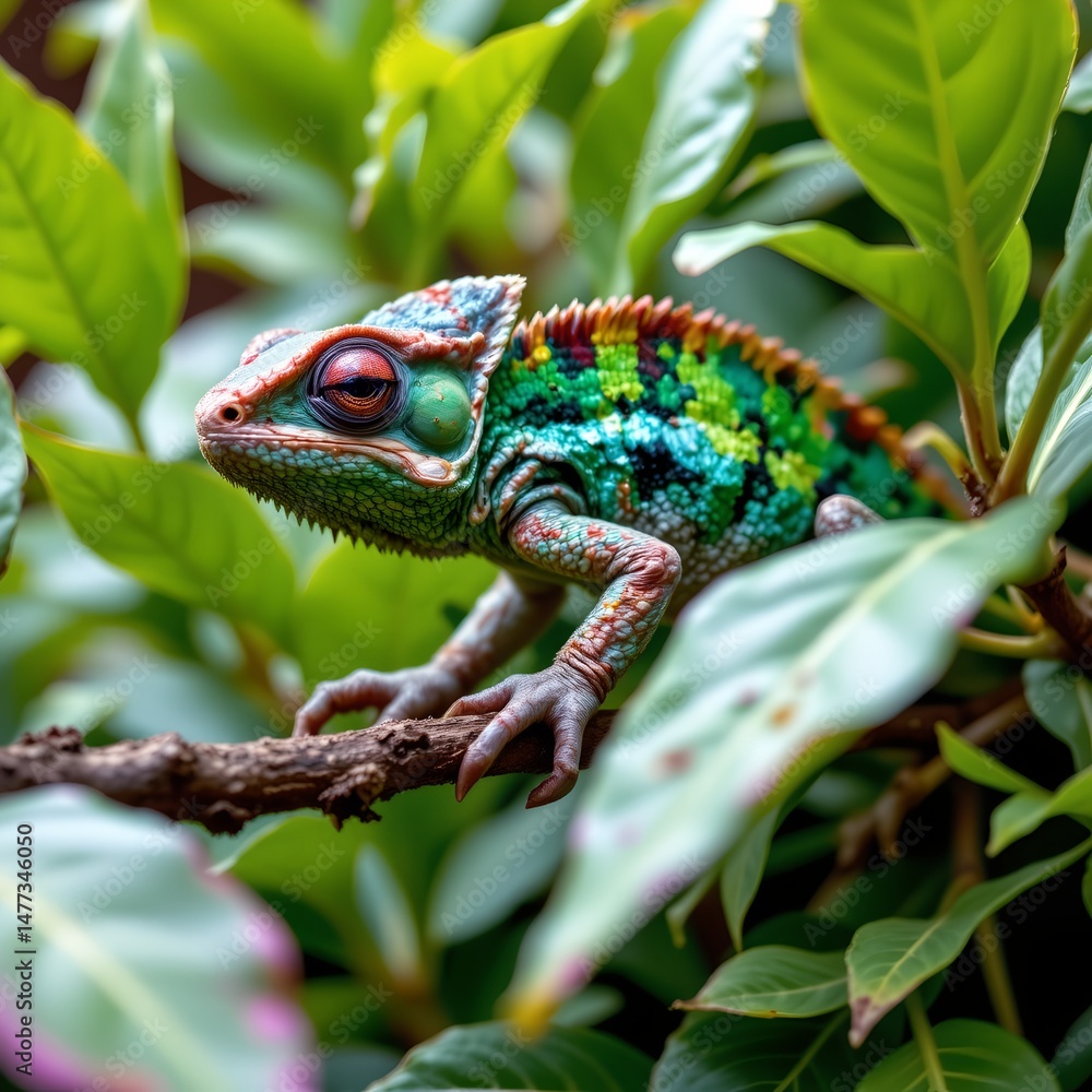Fototapeta premium an intricately patterned lizard perched among the leaves of a potted plant.