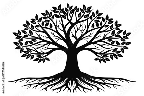 Silhouette of a Detailed Black Tree with Roots, Branches, and Foliage Artwork