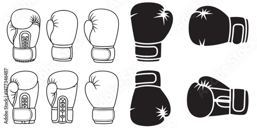 Boxing Gloves Icon Set, Outline Boxing Gloves in Different, Black Silhouettes of Boxing Gloves in Different Angles