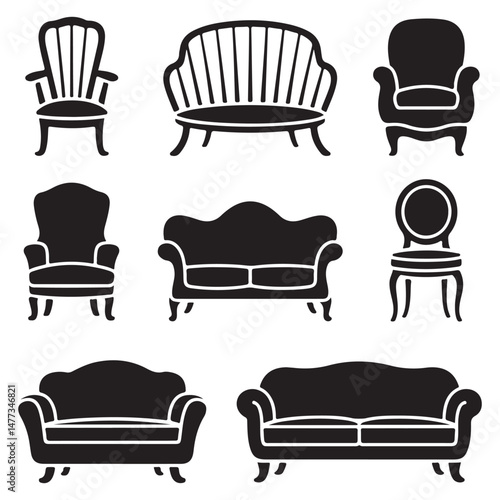 Set of Vintage and Modern Chair Illustrations in Black and White for Furniture Design and Home Decor