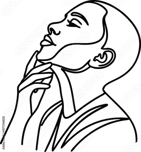 Elegant one line drawing depicting a pensive woman with hand on chin in contemplation