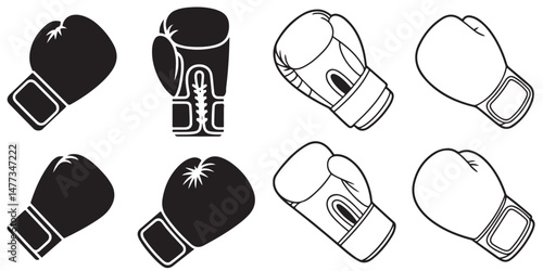 Boxing Gloves Icon Set, Outline Boxing Gloves in Different, Black Silhouettes of Boxing Gloves in Different Angles