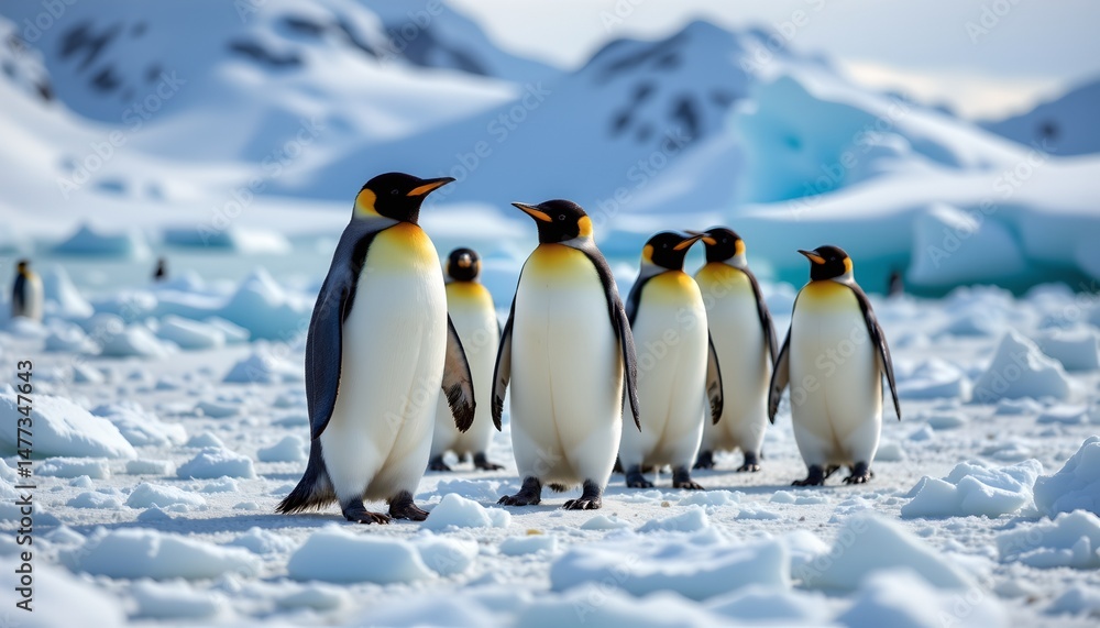 Fototapeta premium a group of penguins waddling across an icy landscape with melting ice patches.