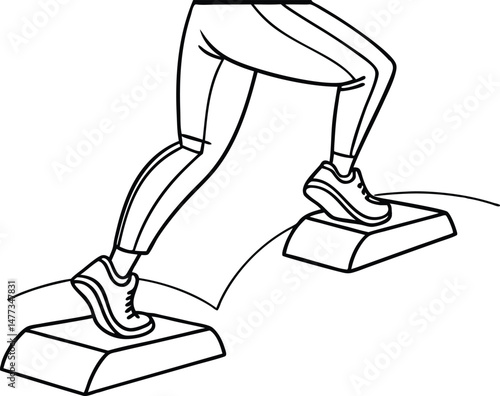 Person doing step aerobics exercise on aerobic step platform in black and white outline