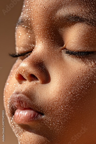Wallpaper Mural A child"s face in close-up, eyes closed, covered with fine water droplets, exuding calm and serenity. Torontodigital.ca