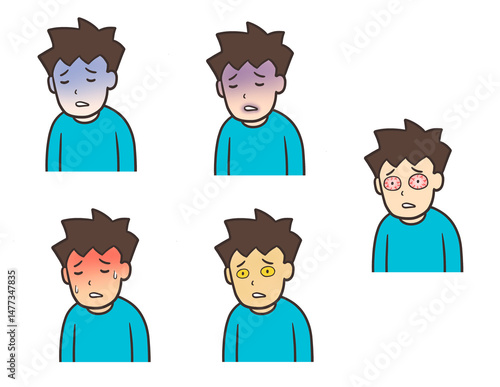 蒼白、黄疸、発熱などで顔に症状が出ている男性のイラスト