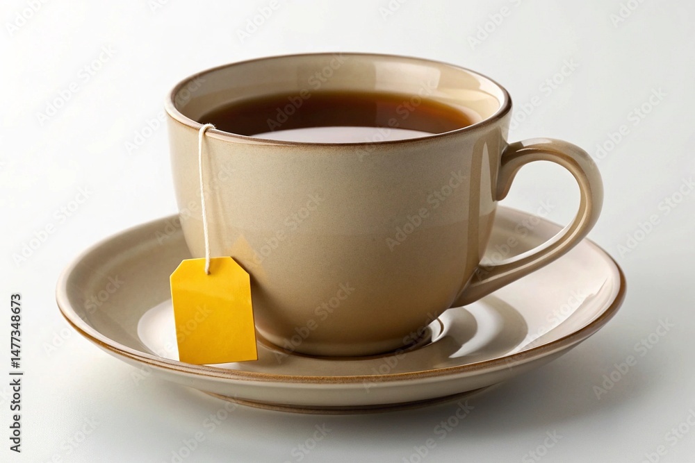 Obraz premium Cup of tea with a label on a saucer on a white background