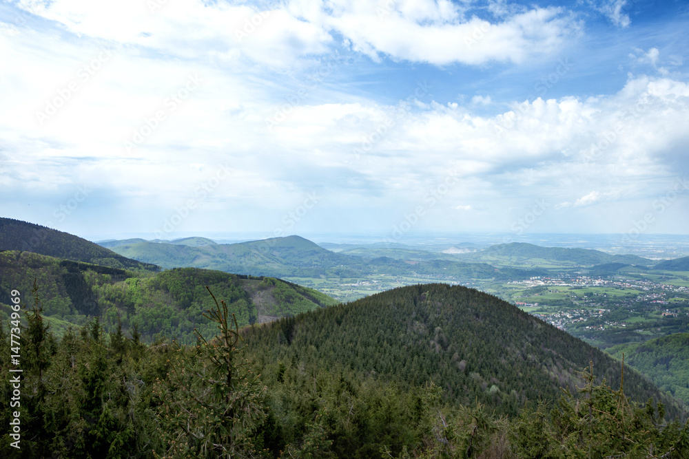 Fototapeta premium Travel set - Spring mountain landscape in Pustevny, Czech Republic