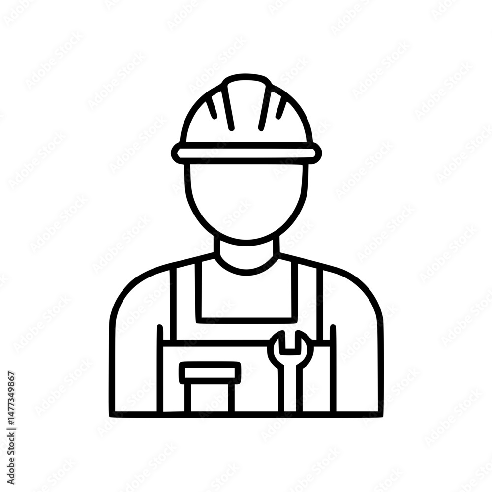 Construction worker wearing a helmet and overalls with tools, contour icon Construction worker wearing a helmet and overalls with tools, contour icon