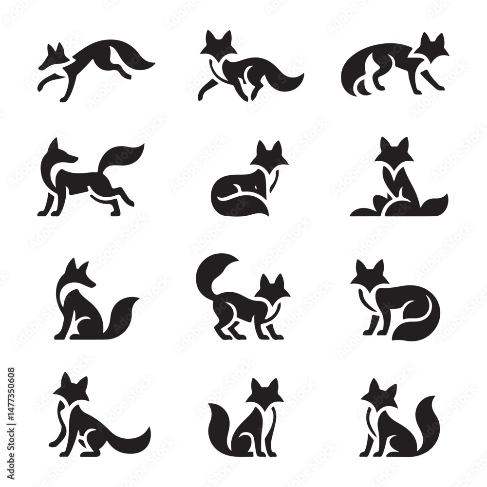 Obraz premium Set of Fox Silhouettes Featuring Different Poses and Stances in Black and White for Wildlife Design