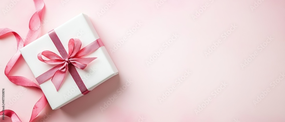 A white gift box with a pink ribbon bow sits on a pastel pink background, creating a festive and elegant presentation. A white gift box with a pink ribbon bow sits on a pastel pink background, creating a festive and elegant presentation.