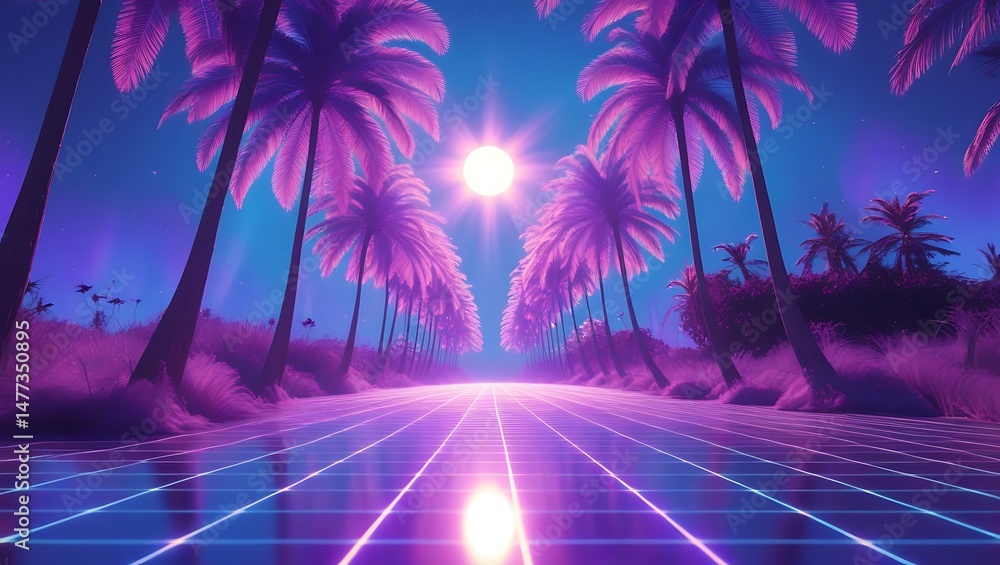 Fototapeta premium Synthwave Palm Tree Highway Retro Futuristic Sunset Drive