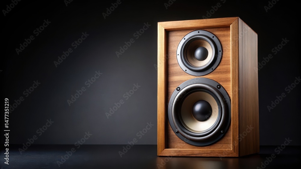 Audio speaker with wooden frame on black background, audio component, sound equipment Audio speaker with wooden frame on black background, audio component, sound equipment